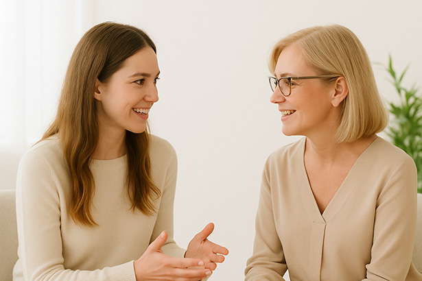 Terapeutka vysvetluje svojej klientke výhody dentosofie